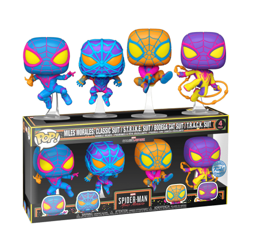 Майлз Моралес (Miles Morales Classic Suit, S.T.R.I.K.E. Suit, Bodega Cat Suit, T.R.A.C.K. Suit Blacklight 4-Pack (PREORDER USR) (Эксклюзив Funko Shop)) из игры Человек-паук: Майлз Моралес