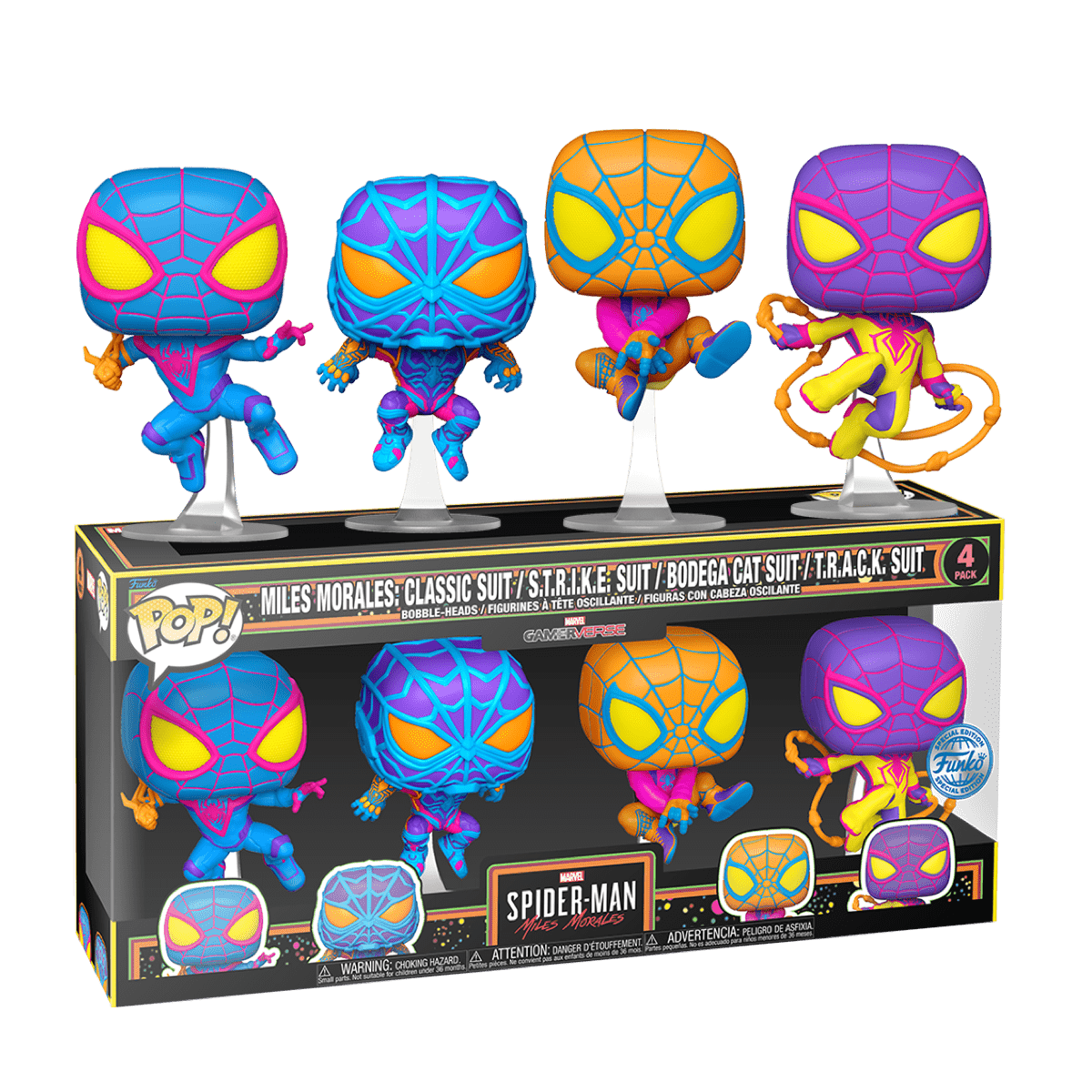 Фигурка Майлз Моралес (Miles Morales Classic Suit, S.T.R.I.K.E. Suit,  Bodega Cat Suit, T.R.A.C.K. Suit Blacklight 4-Pack (Эксклюзив Funko Shop))  — Funko POP